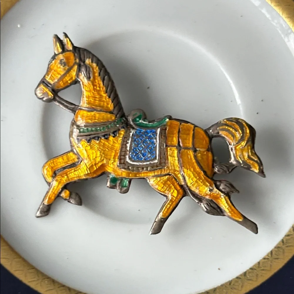 Vintage Siam Sterling Yellow Enamel Horse Brooch